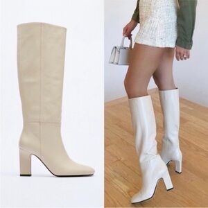 Zara Leather Knee-High Block Heel Cream Boots SZ 40